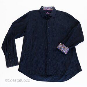 Bertigo Casino Men’s 2XL Button Up Shirt 100% Cotton Dark Blue Jacquard
